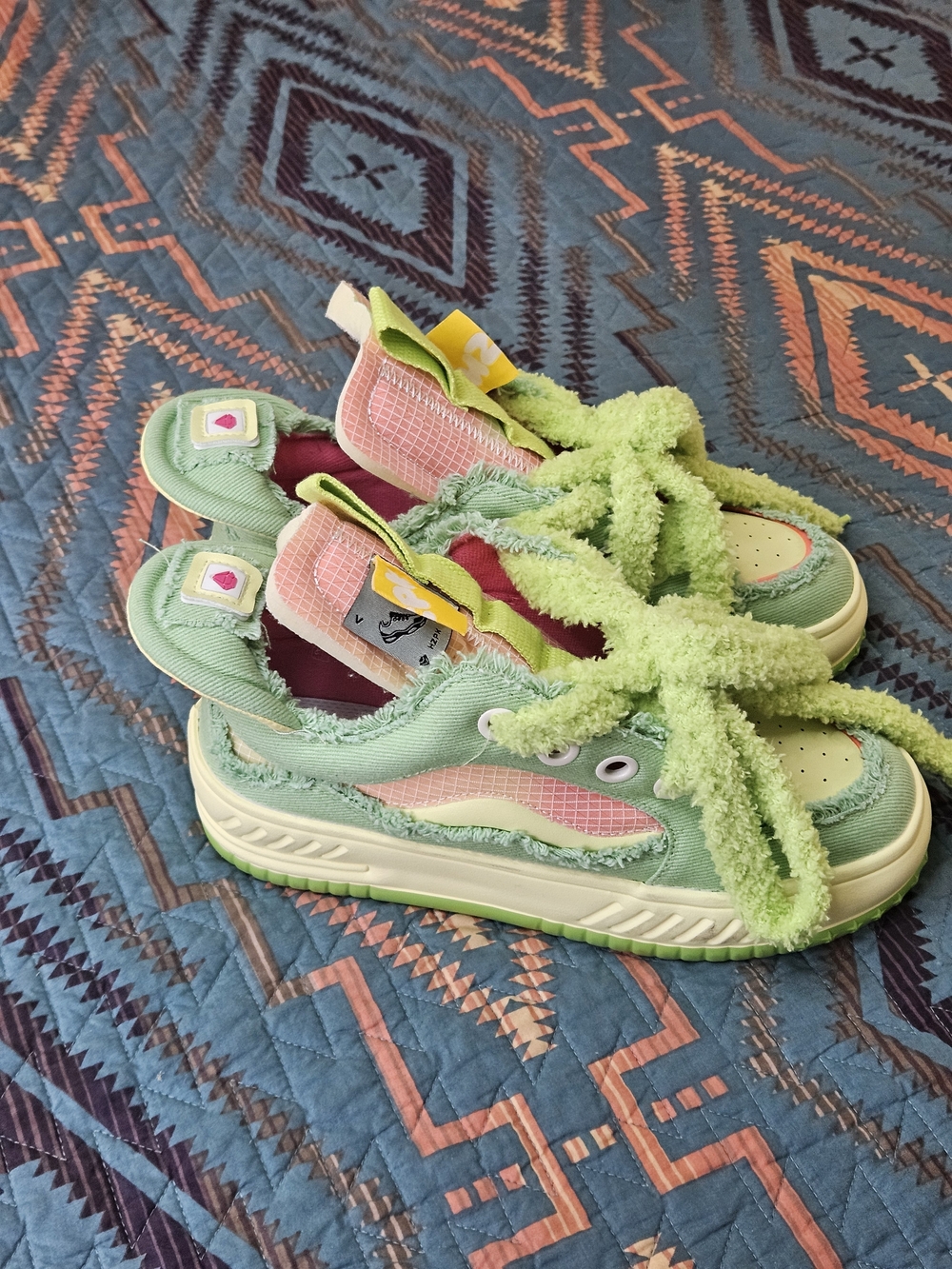 Women’s Pastel Green‎ Fuzzy Lace-Up Sneakers with Pink Accents